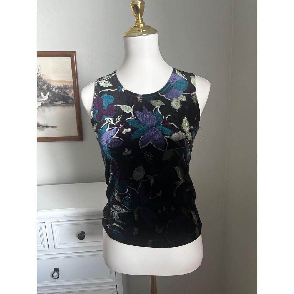 Hillard & Hanson Womens Velvet Floral Burnout Tank Top Purple Teal Sleeveless